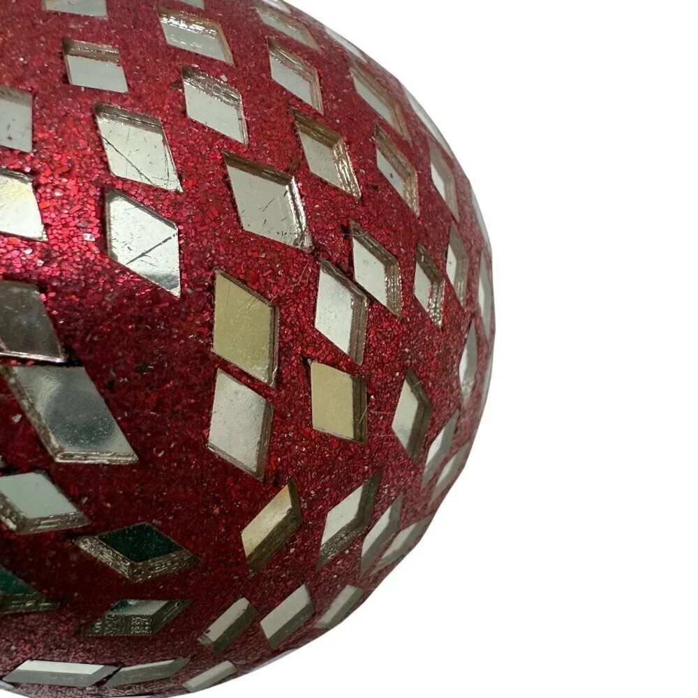 Vintage Indian Beaded Mirror Ball Christmas Ornament Boho Hippie Red Blue Gold